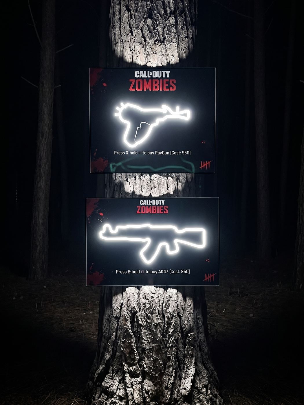 Two signs lit up outdoors at night